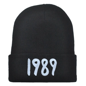 Black knit beanie with white 1989 embroidery for Taylor Swift fans in winter style