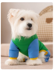 Détail de la doudoune bicolore verte et bleue pour petit chien avec coutures matelassées