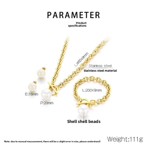 Detailed size chart for gold stainless steel jewelry set with white shell pearls