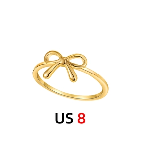 Detailed view of the 18K gold bow ring showing the minimalist design and US size 8 label