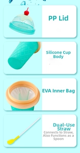 Component detail of silicone slushie maker with lid, inner bag, and straw spoon
