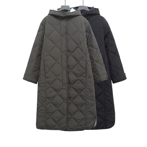 Womens Long Hooded Quilted Coat Diamond Pattern Button Up Puffer Jacket Winter Warm Lightweight Casual Outerwear