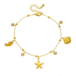 Goldenes Edelstahl-Fußkettchen mit Seestern-, Muschelanhängern und funkelnden Kristallen
