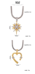 Detailed view of sunburst and heart pendants with white zircons on silver snake chains