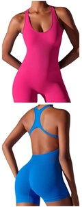 Detail of seamless ribbed yoga romper with racerback design and scoop neckline
