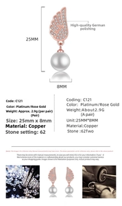 Technical specifications of elegant rose gold wing earrings with dangling white pearls