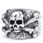 Bague punk en acier inoxydable pour homme avec motif tête de mort et os croisés argent