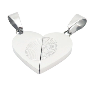 Polished silver stainless steel heart puzzle necklace with unique fingerprint engraving