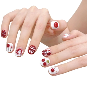 Faux ongles 3D Noël avec motifs bonhomme de neige cerf et nœuds rouges et blancs