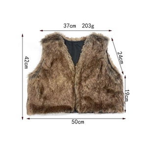 Detailed size chart of the brown faux fur vest showing length and weight measurements