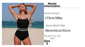 Detailed size chart and model info for black one-piece sporty swimsuit with white stripes