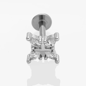 Detailed macro view of 316L stainless steel clover earring with four clear cubic zirconia