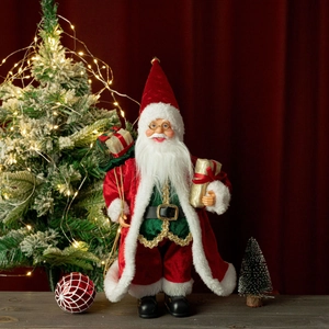 Close-up of 12-inch standing Santa Claus doll with red velvet coat and gold embroidery