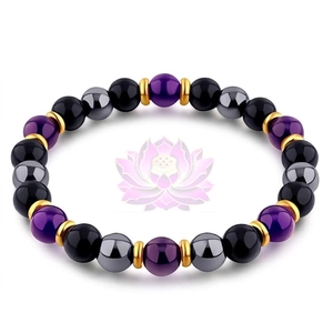 Detailed view of elastic beaded bracelet featuring amethyst, obsidian, and hematite stones