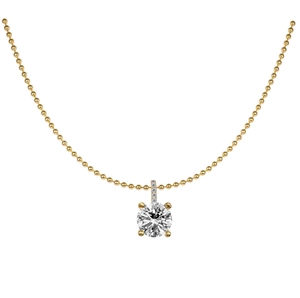 Detail view of a gold bead chain necklace featuring a round sparkling zircon pendant