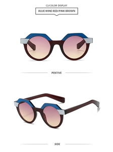 Detailed split view of geometric polygon sunglasses in blue, pink, and wine red colors