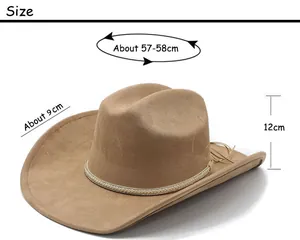 Size guide for faux suede western cowboy hat with crown height and brim measurements