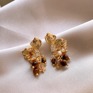 French vintage earrings with gold petals, tiger eye beads and pearls on silk