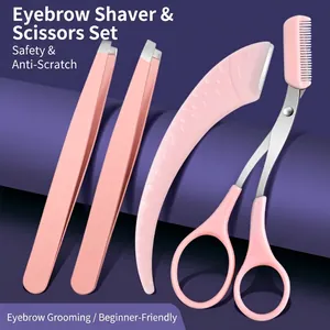 Eyebrow Trimming Tools Stainless Steel Razor Scissors Tweezers Facial Grooming Pink Portable Care For Women Beginners