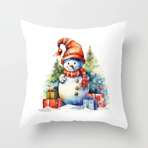 Detail of Christmas snowman watercolor print on a white square pillowcase for sofa