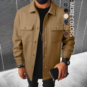 Men's loose corduroy workwear jacket with lapel collar and chest pockets in khaki