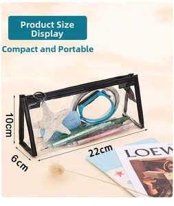 Detailed size view of the clear PVC pencil case measuring 22cm x 10cm x 6cm with black trim