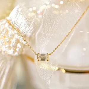 Emerald Cut Zircon Pendant Necklace 925 Sterling Silver 14K Gold Plated Minimalist Clavicle Chain For Women