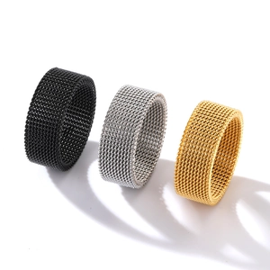 Mesh woven 8mm stainless steel rings in black, silver, and gold finish for women