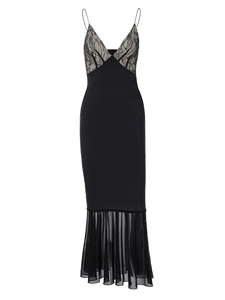 Elegant black lace patchwork slip dress with mesh mermaid hem and deep V-neckline