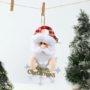 Detailed plush Santa ornament with white snowflake base and Merry Christmas gold lettering