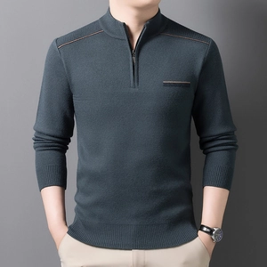 Men's dark teal half-zip knit sweater with stand collar and textured stripe details