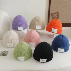 Kids Knitted Beanie Hat Winter Warm Soft Ribbed Letter Patch Cuffed Skull Cap For Boys Girls Toddler Accessory