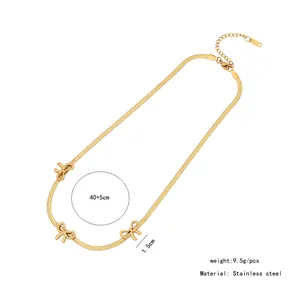 Close-up of stainless steel bow necklace with detailed size and weight specifications