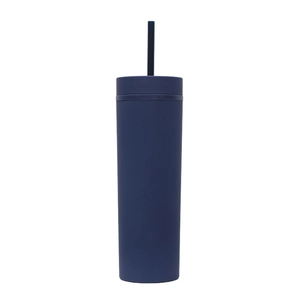 Close-up of a matte dark blue double-walled 16oz plastic tumbler with straw