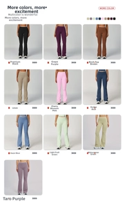 Detailed color swatches of high-waisted flared yoga leggings in 10 diverse vibrant shades