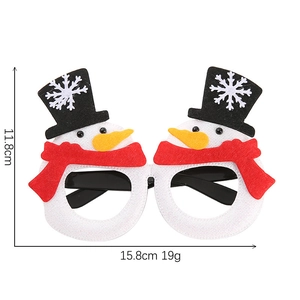 Detail view of snowman felt party glasses with dimensions 15.8cm width and 11.8cm height