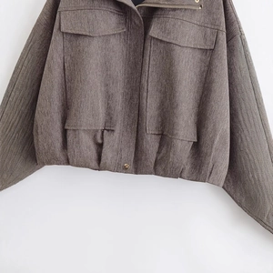 Women's cropped bomber jacket in dark brown herringbone with large utility pockets