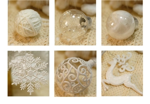 Set of 6 white Christmas tree ornaments including snowflakes, reindeer and plush balls