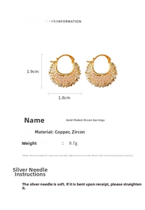 Detailed view of luxury handbag-shaped gold earrings with zircon stones and dimensions