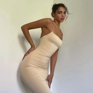Sexy Spaghetti Strap Backless Bodycon Maxi Dress Solid Color Polyester Side Slit Elegant Summer Clubwear