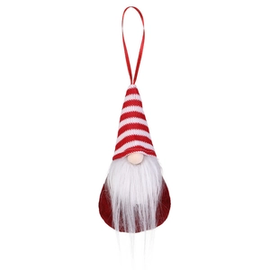 Knitted Christmas gnome ornament with red striped hat and white beard on white background