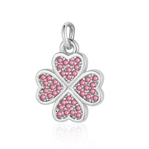 Detailed close-up of a silver four-leaf clover pendant with pink zircon heart-shaped leaves