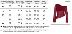Tableau des tailles pour haut asymétrique en mesh à manches longues avec mesures détaillées