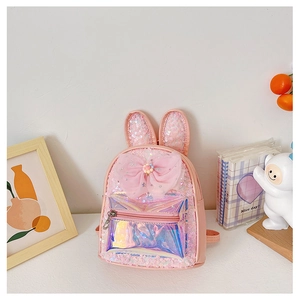 Pink sequin backpack for girls featuring rabbit ears, big bow, and holographic front pocket