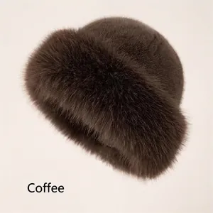 Detailed texture of coffee brown faux mink fur on a thick winter plush bucket hat