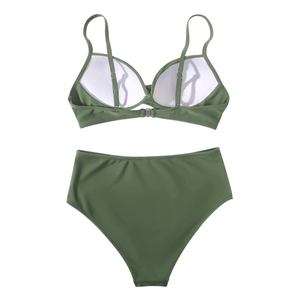 Flat lay of olive green bikini set with high waist bottom and padded triangle top