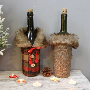 Christmas Wine Bottle Cover Faux Fur Collar Herringbone Plaid Fabric Wood Button Decorative Festive Winter Coat Style