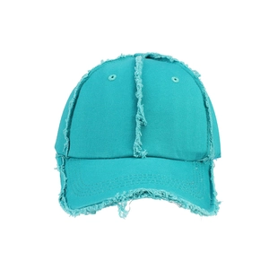 Lake blue distressed cotton baseball cap with frayed edges and a soft top design