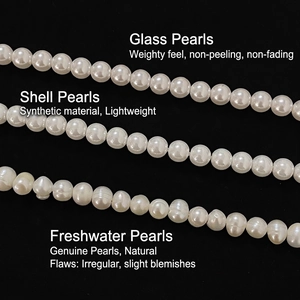 Comparación de perlas de cristal redondas, perlas de concha y perlas naturales de agua dulce