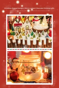 Vue détaillée de stickers de Noël appliqués sur un bocal en verre lumineux décoré